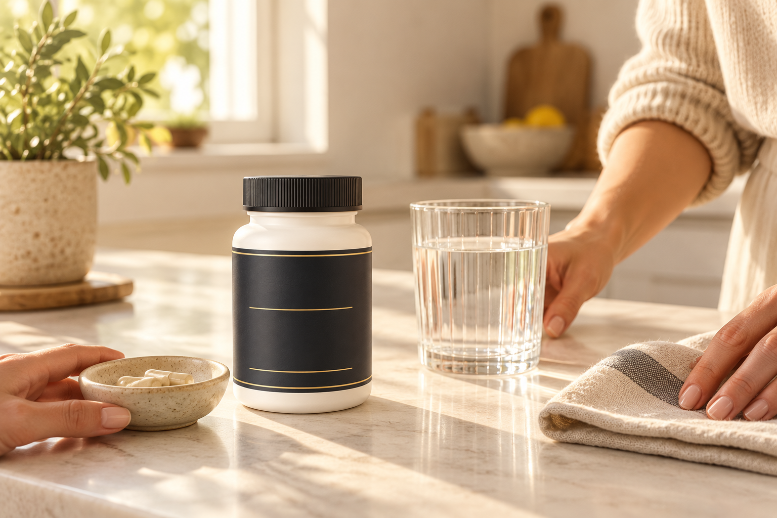 A supplement bottle and glass of water on a sunlit kitchen counter